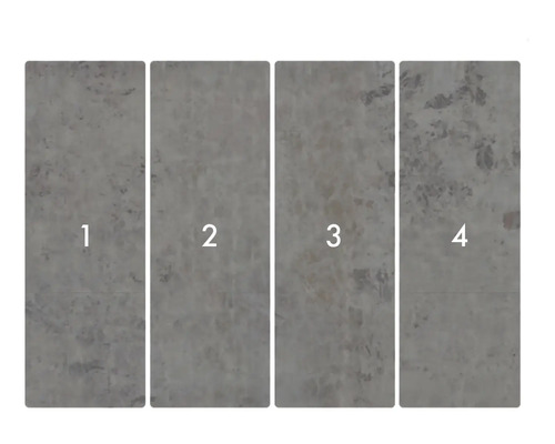 Fyra vinylgolvpaneler med stenutseende, numrerade från ett till fyra.
