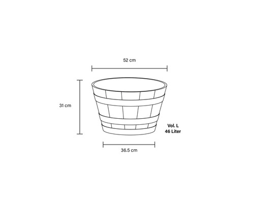 Bild på en planteringslåda med måtten 52 cm bred, 31 cm hög och en volym på 46 liter.