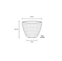Mått på en blomkruka: 26 cm bred, 19,5 cm hög, 13 cm diameter, 6,3 liter volym