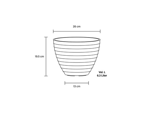 Mått på en blomkruka: 26 cm bred, 19,5 cm hög, 13 cm diameter, 6,3 liter volym