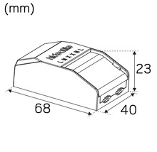 Teknisk ritning med mått på Hidealite LNX XXL-hölje: längd 68 mm, bredd 40 mm, höjd 23 mm.