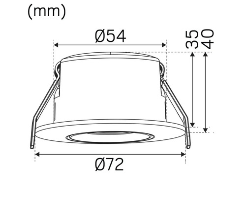 Teknisk ritning av en infälld lampa med mått i millimeter