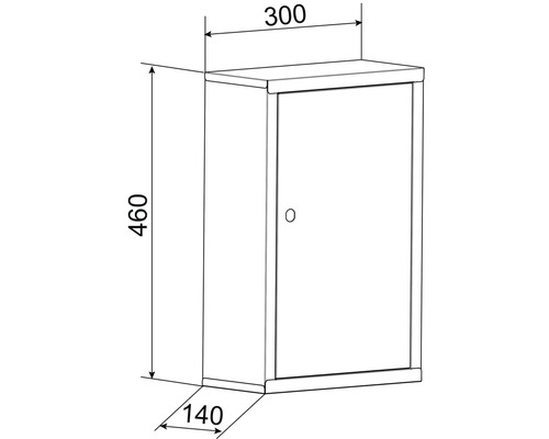 Teknisk ritning av ett väggskåp med måtten 460 x 300 x 140 mm
