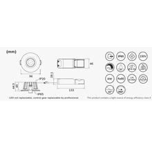 Teknisk ritning av en armatur med mått och symboler för egenskaper som skyddsklass IP65, 230 volt, 6 watt och energieffektivitetsklass E.