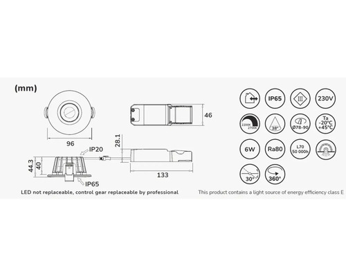 Teknisk ritning av en armatur med mått och symboler för egenskaper som skyddsklass IP65, 230 volt, 6 watt och energieffektivitetsklass E.