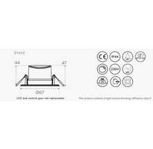 Teknisk ritning av en infälld spotlight med mått och produktmärkning