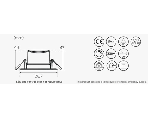 Teknisk ritning av en infälld spotlight med mått och produktmärkning