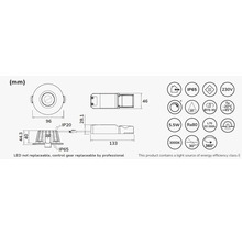 Teknisk ritning av en LED-inbyggnadsspotlight med dimensioner och symboler