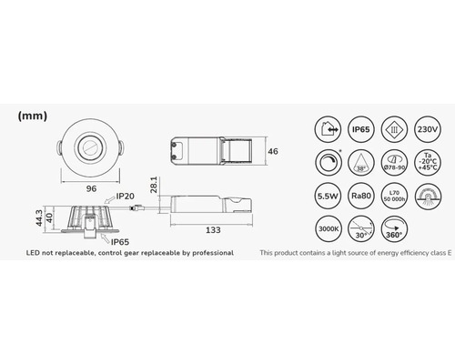 Teknisk ritning av en LED-inbyggnadsspotlight med dimensioner och symboler