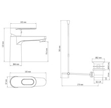 Teknisk ritning av en tvättställsblandare med dimensioner