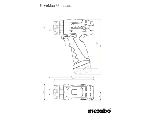 Måttritning för Metabo PowerMaxx SB sladdlös borrskruvdragare