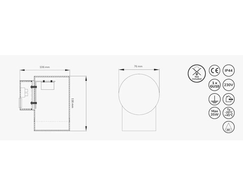 Teknisk ritning av en lampa med dimensioner och symboler