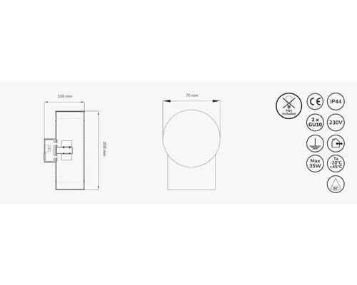 Teknisk ritning av en vägglampa med måtten 106 mm, 208 mm och 76 mm samt symboler för glödlampa ingår inte, CE-märkning, skyddsklass IP44, 2x GU10, 230 V, jordning, inomhus, maximalt 35 W, driftstemperatur -20 grader Celsius till +45 grader...