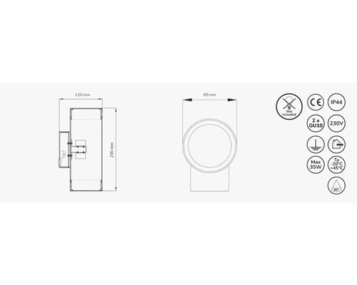 Teknisk ritning av en vägglampa med dimensioner och symboler
