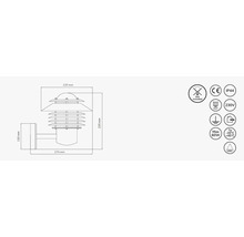 Teknisk ritning av en vägglampa med mått och symboler. Glödlampan ingår inte. Kapslingsklass IP44. Maximal effekt 60 watt.