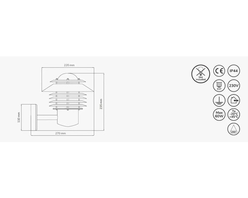 Teknisk ritning av en vägglampa med mått och symboler för egenskaper som IP44, 230 V, E27 sockel och maximal effekt på 60 watt.