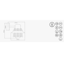 Teknisk ritning av en vägglampa med mått och symboler