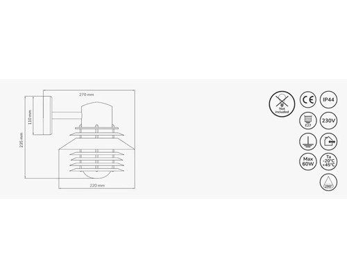 Teknisk ritning av en vägglampa med mått och symboler