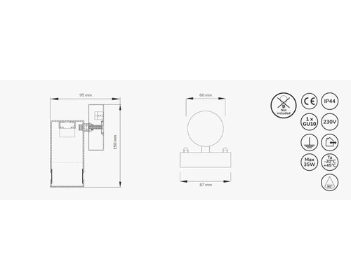 Teknisk ritning av en vägglampa med mått och symboler