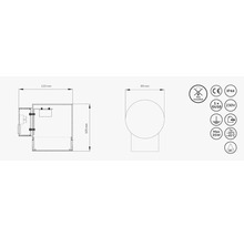 Teknisk ritning av en vägglampa med dimensioner och symboler