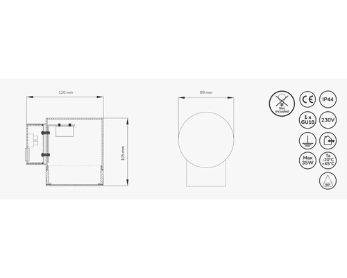Teknisk ritning av en vägglampa med dimensioner och symboler