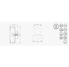 Teknisk ritning av en armatur med dimensioner och symboler
