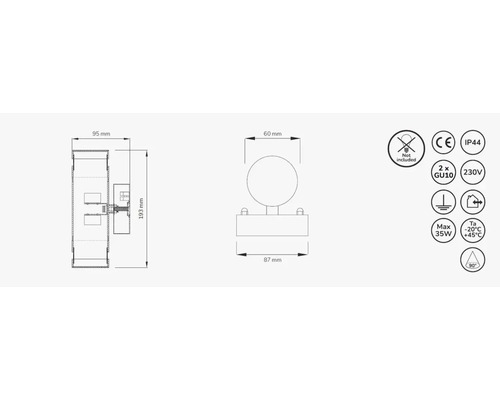 Teknisk ritning av en armatur med dimensioner och symboler