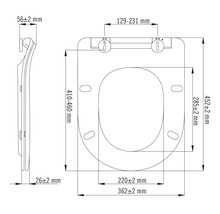 Teknisk ritning av en toalettsits med mått