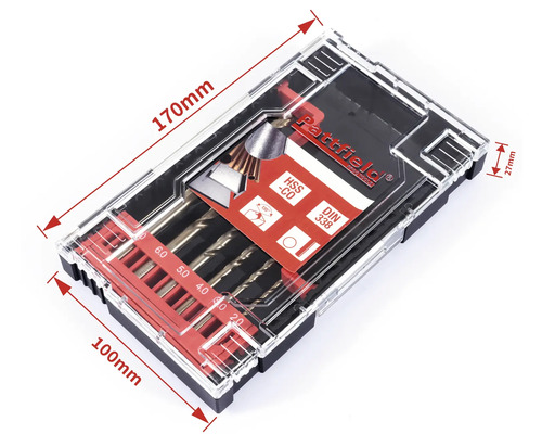 Borrsats med olika borrar i en genomskinlig plastlåda av märket Rattfield