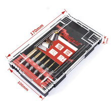 Borrsats i en genomskinlig plastlåda med storleksangivelser