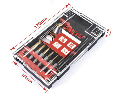 Borrsats i en genomskinlig plastlåda med storleksangivelser