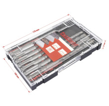 Borrsats i transparent plastförpackning med storleksangivelser