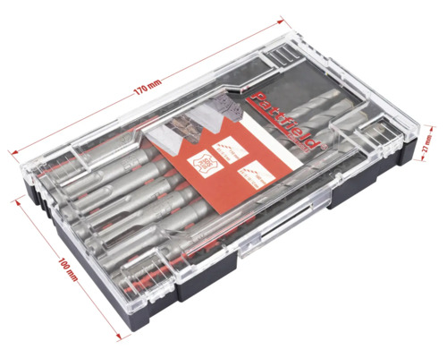 Borrsats i transparent plastförpackning med storleksangivelser