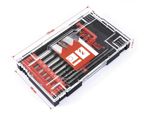 Pattfield borrset i transparent låda med storleksangivelser