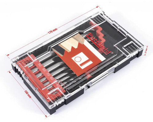 Pattfield träborrsats med olika storlekar i plastlåda