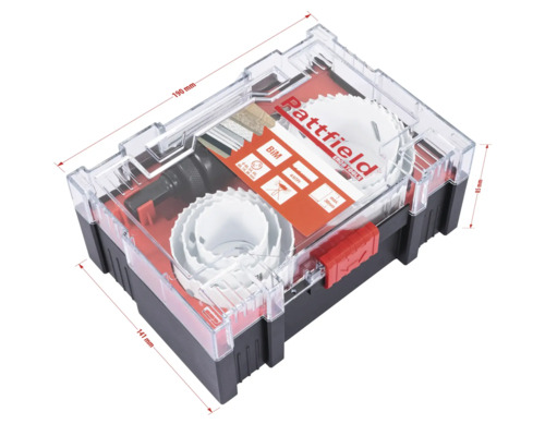 Hålsågsats i förvaringslåda med måtten 190 mm x 141 mm x 85 mm