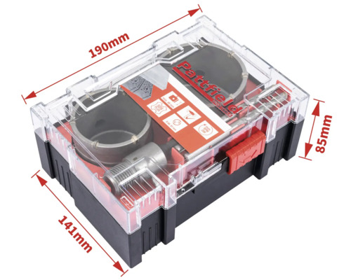 Partfield dosborrsats i transparent låda med storleksinformation