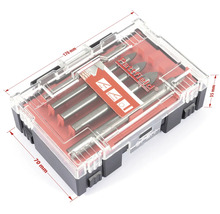 Borrsats i transparent plastlåda med måtten 170 mm x 70 mm x 35 mm.