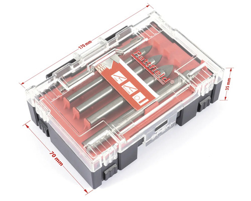 Borrsats i transparent plastlåda med måtten 170 mm x 70 mm x 35 mm.