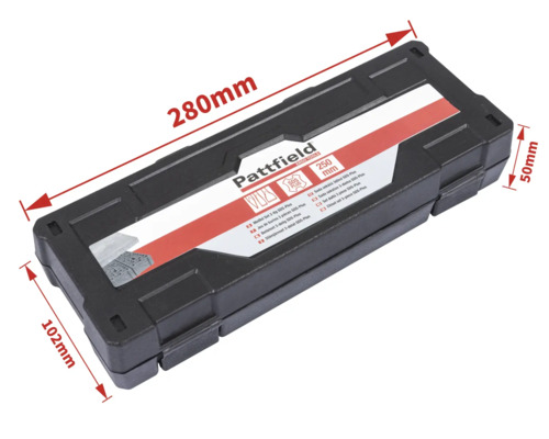 Pattfield verktygsväska med mejselsats, 280 millimeter bred, 102 millimeter hög och 50 millimeter djup