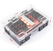 Pattfield bitset med diverse skruvmejselbits i en transparent plastlåda med storleksangivelser