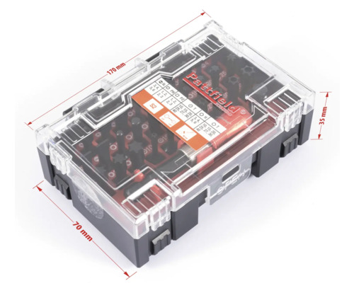 Pattfield bitset med diverse skruvmejselbits i en transparent plastlåda med storleksangivelser