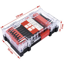 Partfield bitsats i en transparent plastlåda med storleksangivelser