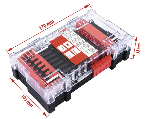 Partfield bitsats i en transparent plastlåda med storleksangivelser