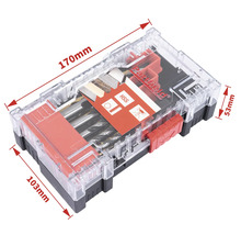 Borrsats i transparent låda med storleksangivelser