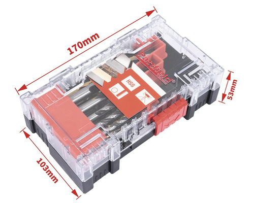Borrsats i transparent låda med storleksangivelser