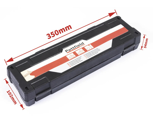 Pattfield Logo Verktygslåda med måtten 350 mm längd, 102 mm bredd och 54 mm höjd