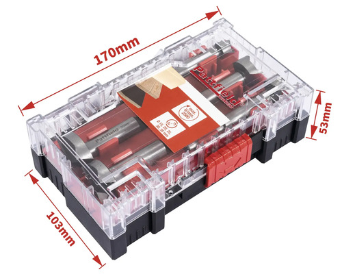 Pattfield Forstnerborrset med olika storlekar i transparent låda med mått