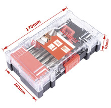 Partfield gängtapp- och gängsnittsats i transparent plastlåda med måtten 170 mm x 103 mm x 53 mm.