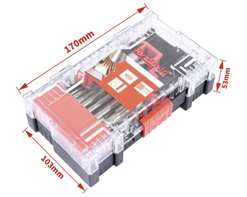 Partfield gängtapp- och gängsnittsats i transparent plastlåda med måtten 170 mm x 103 mm x 53 mm.